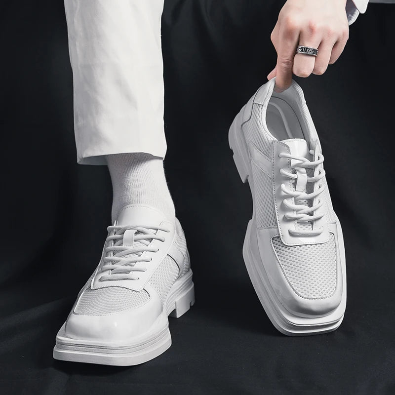 Minimalist Square Toe Mesh Leather Sneakers