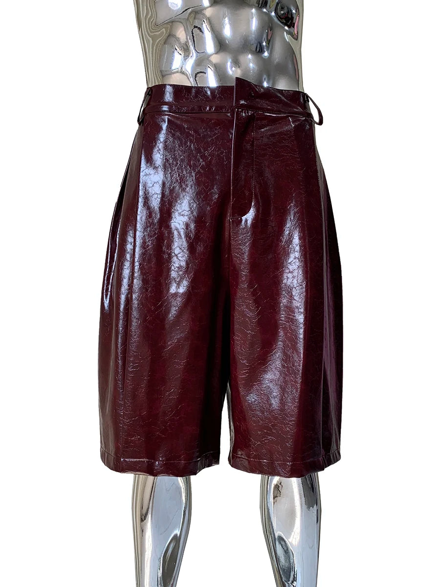 Shiny Burgundy Leather Straight Shorts