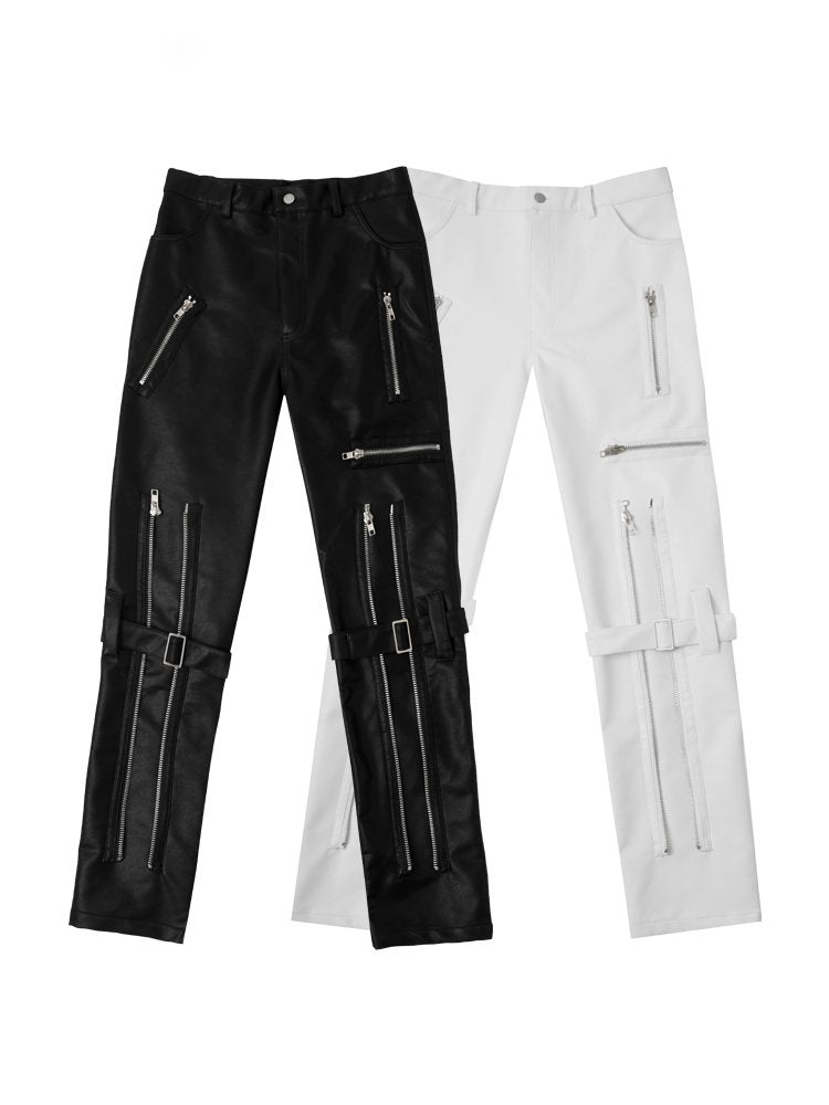 Multi-Zippers Belt Leather Pants