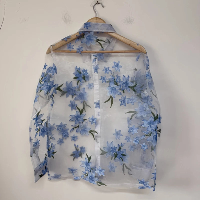 Floral Decoration Sheer Organza Shirt
