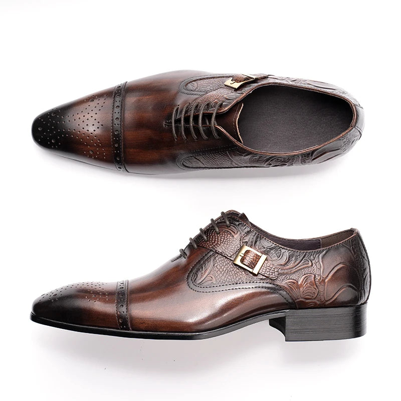 Brown Floral Engraving Genuine Leather Shoes