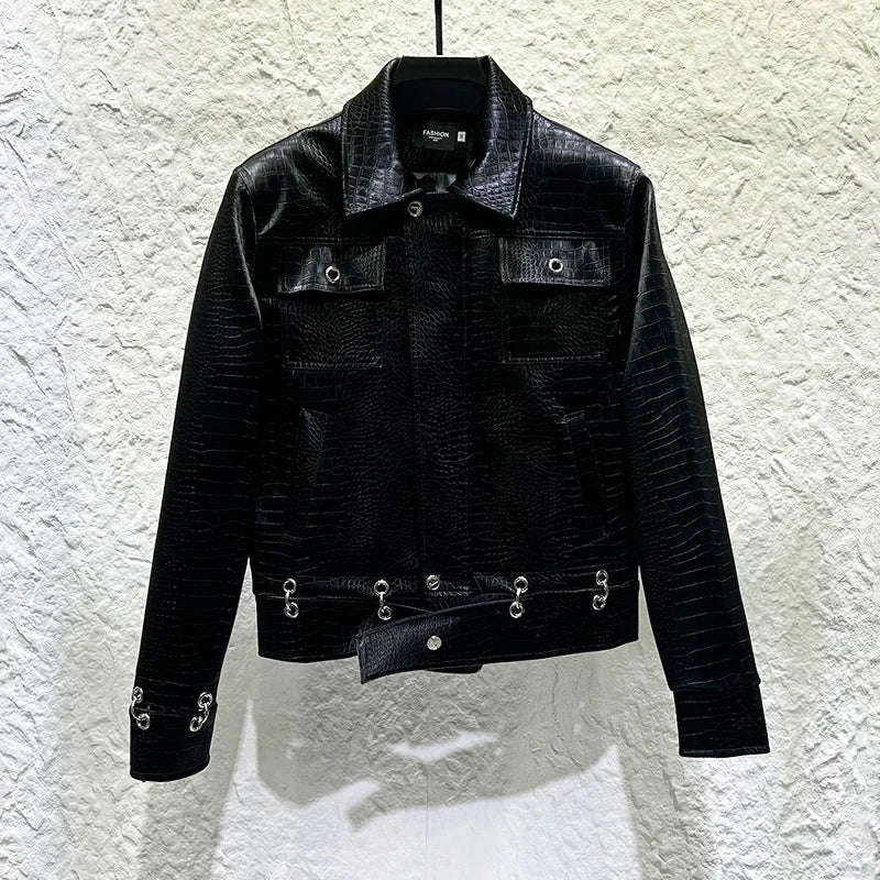 Metal Splicing Crocodile Leather Jacket