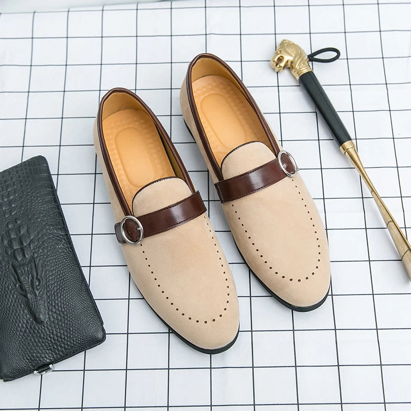 Soft Soled Buckle Frosted Leather Loafers