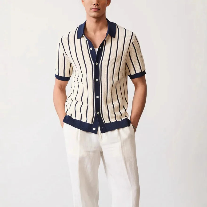 Striped Knit Short Sleeve Button Shirt