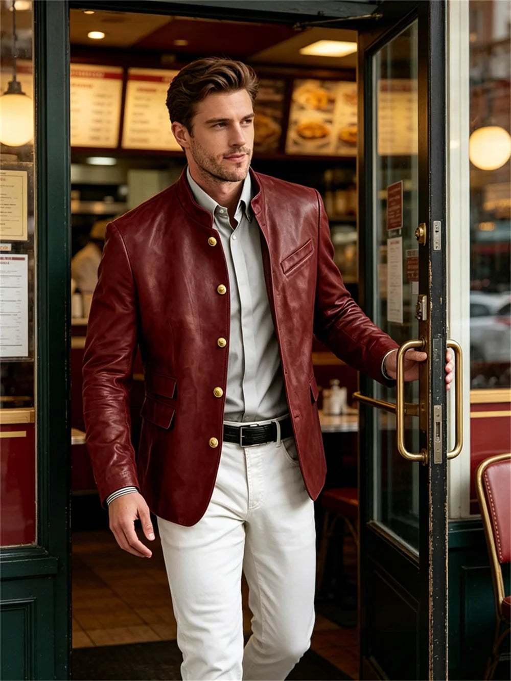 Golden Metal Buttons Leather Jacket