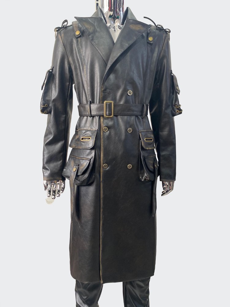 Black Double-Breasted PU Leather Trench Coat