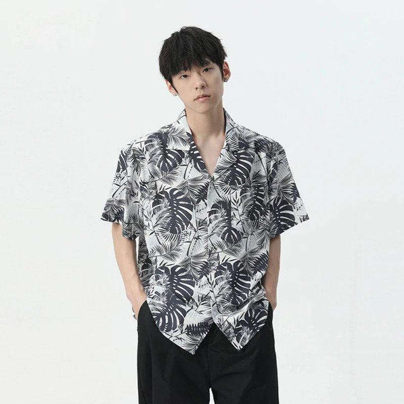 Leaf Printing Turn-down Collar Shirt