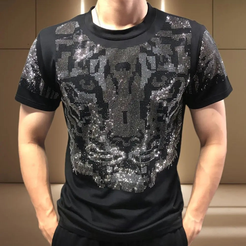 Tiger Head Rhinestone Short Sleeve T-Shirt