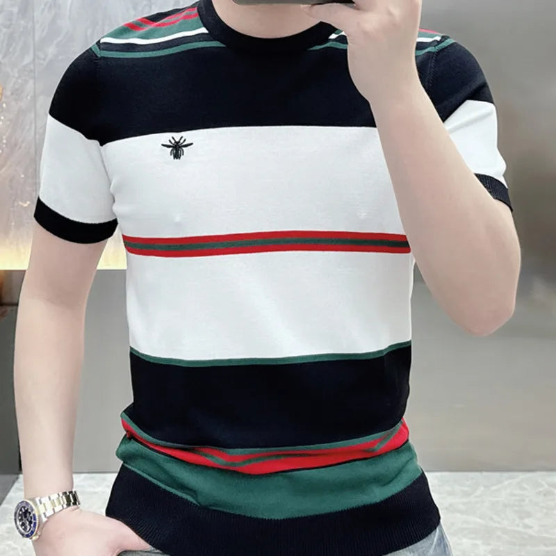 Contrasting Color Splicing Striped T-Shirt