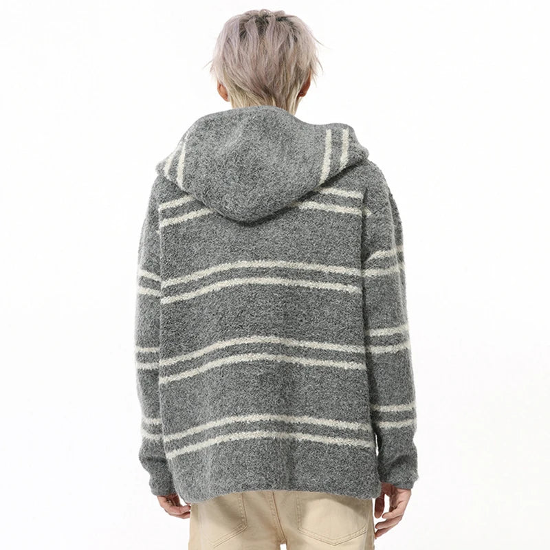 Striped Contrast Knitting Hooded Cardigan