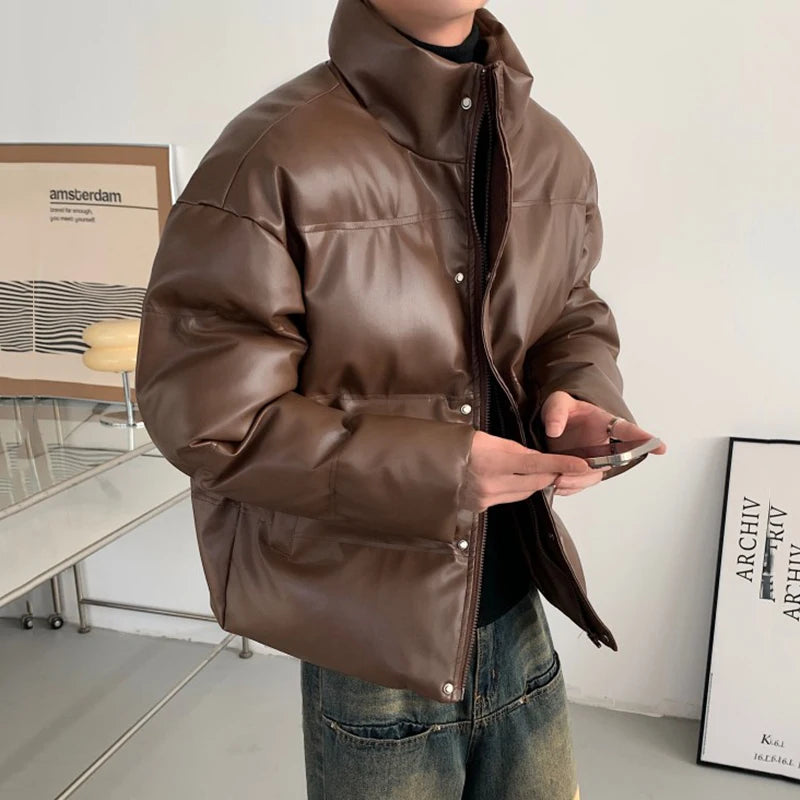 Solid Brown Padded PU Leather Jacket