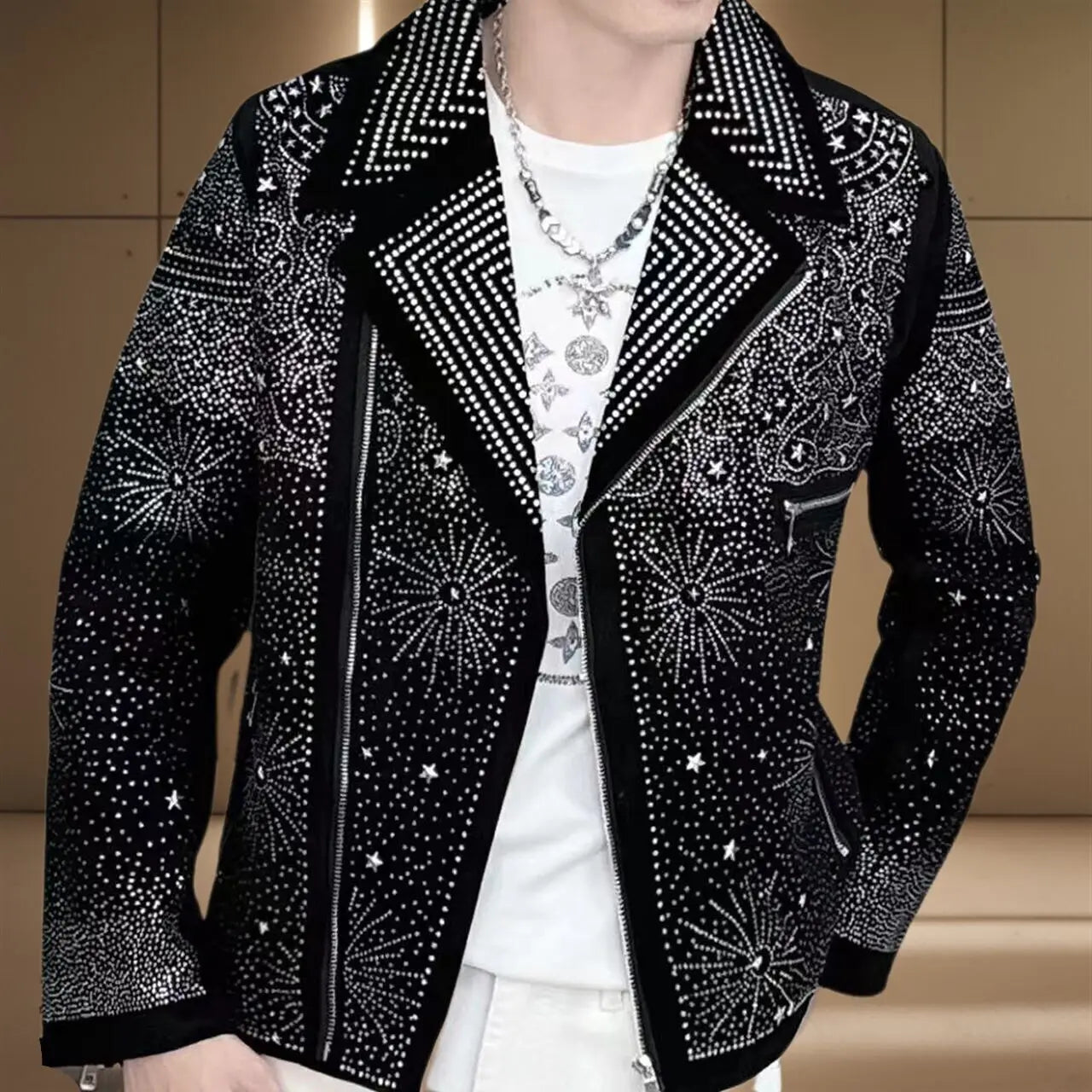 Black Rhinestones Faux Leather Jacket