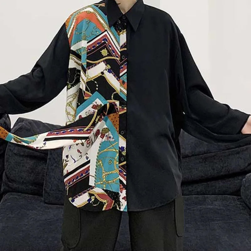 Irregular Ribbon Patchwork Geometric Printed Shirt