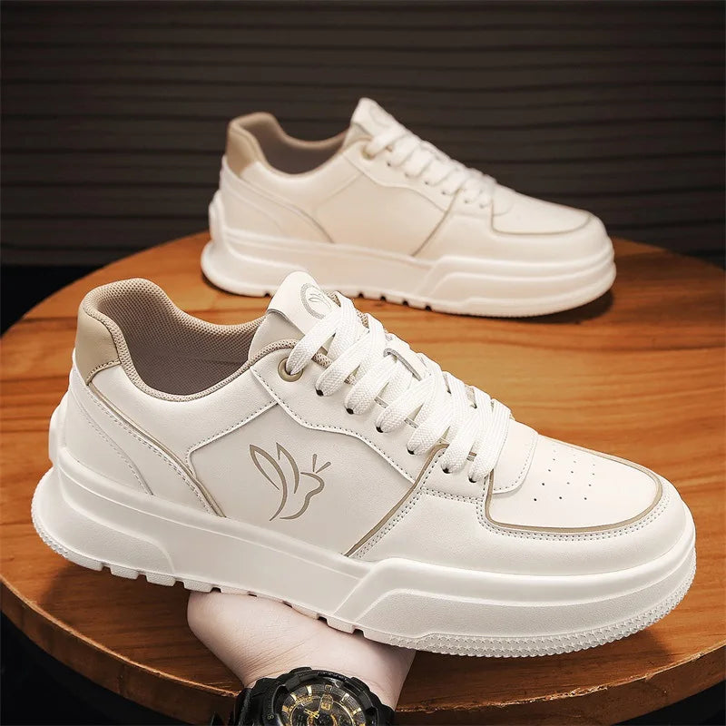 Casual White Color Leather Flat Sneakers