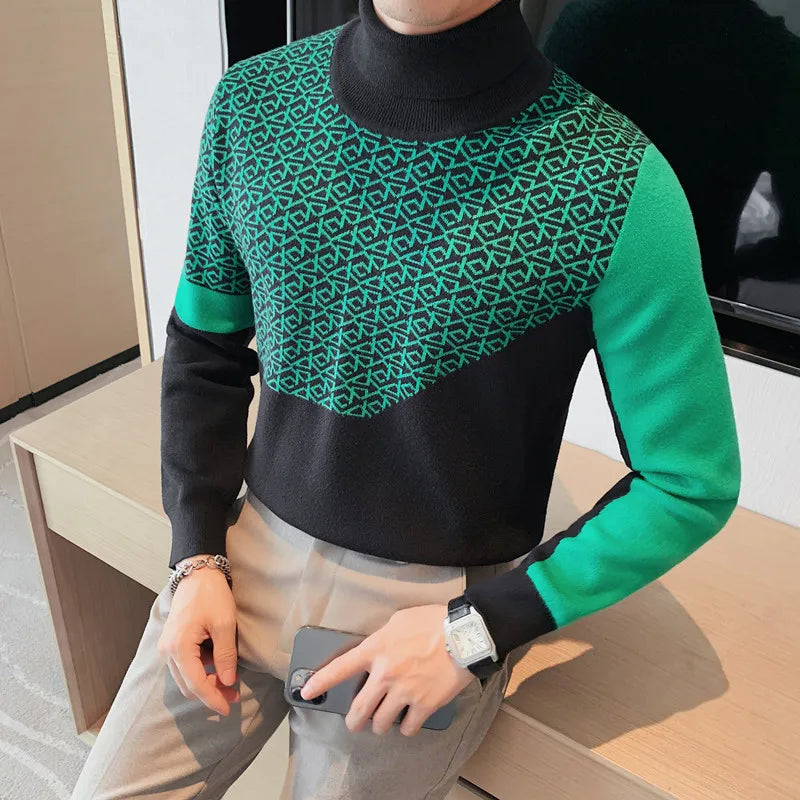 Green Black Geometric Turtleneck Sweater