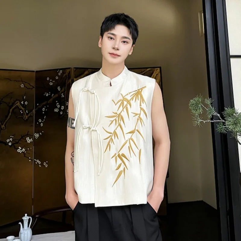 Leaf Embroidery Stand Collar Vest