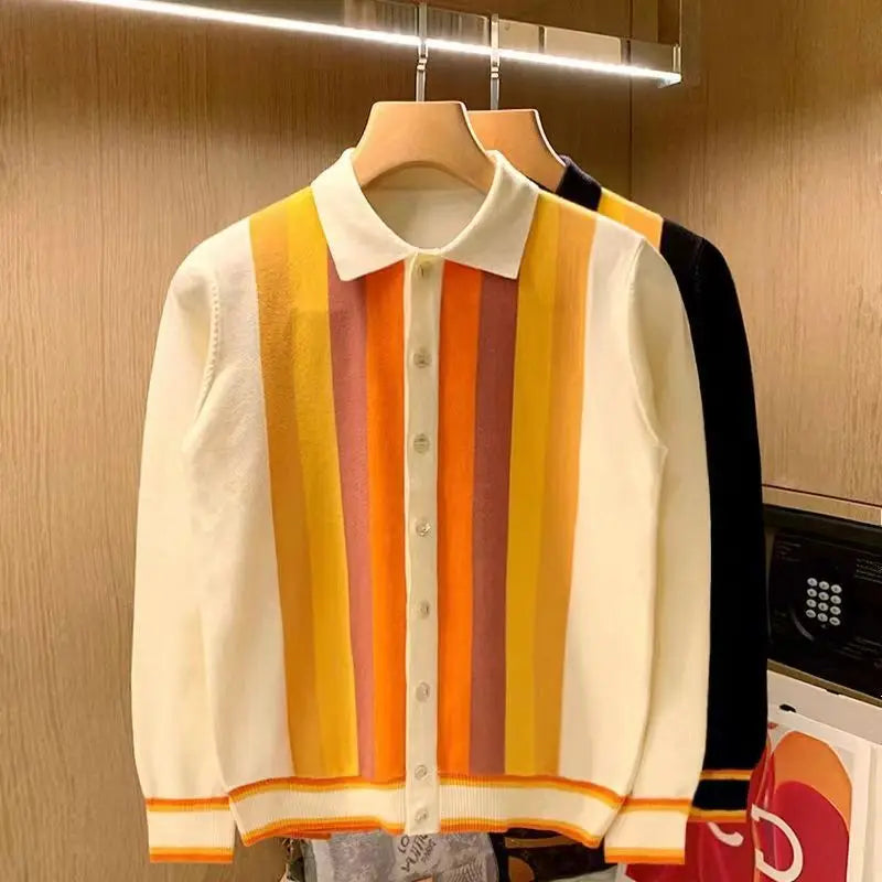 Vertical Stripe Button Knitted Cardigan