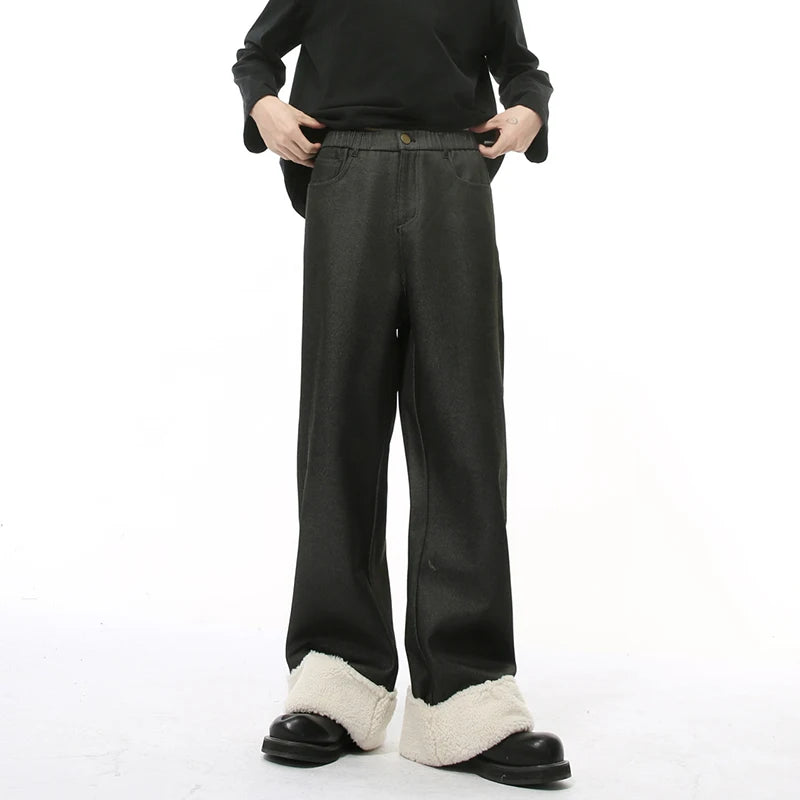 Casual Faux Fur Decor Solid Men's Pants