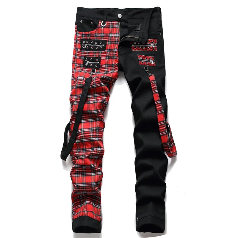 Red Plaid Patchwork Punk Zipper Jeans