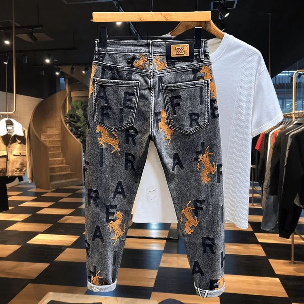 Letter Contrast Embroidered Streetwear Jeans