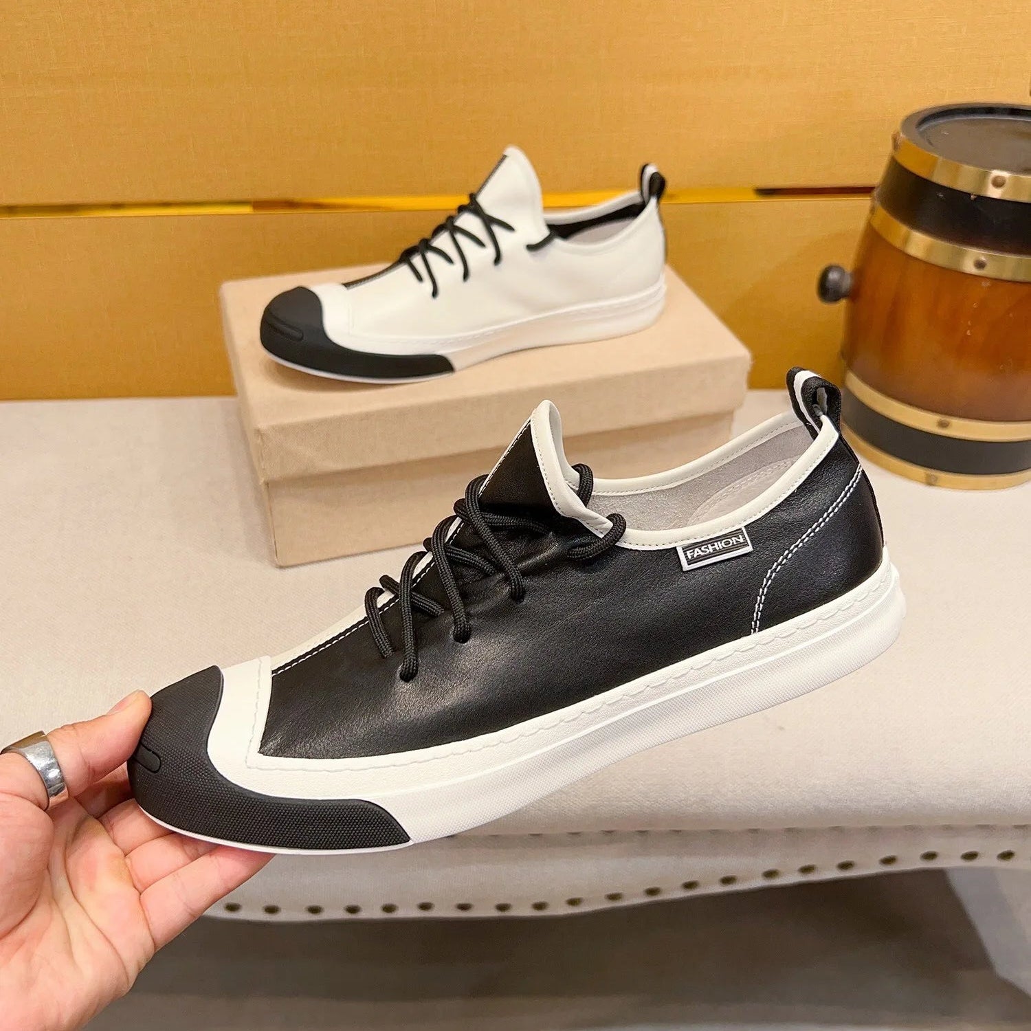 Split Color Black & White Leather Sneakers