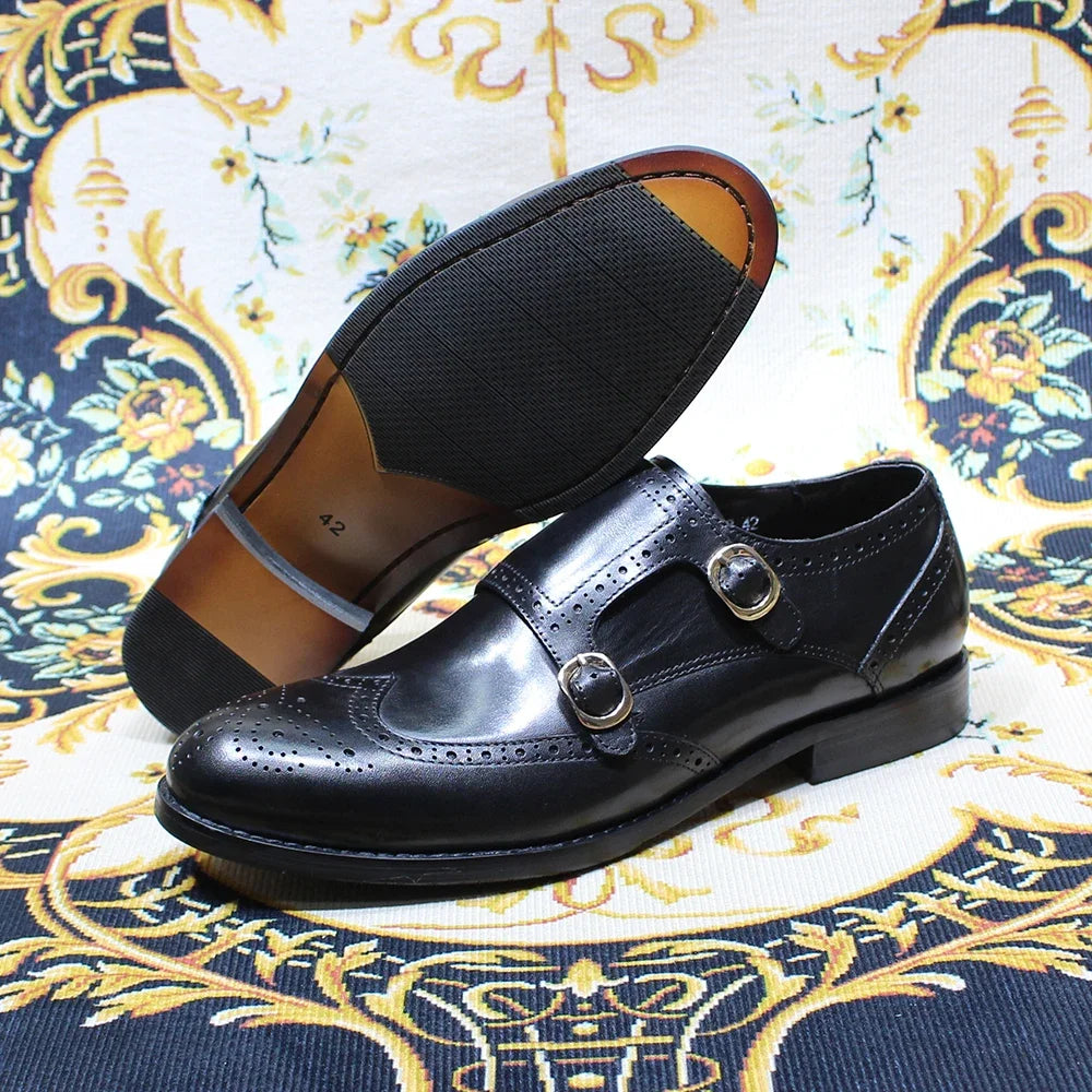 Genuine-Leather Double Buckle Monk Strap Shoes