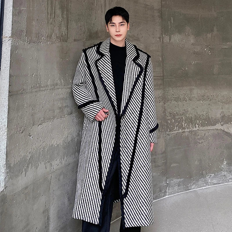 Striped Woolen Twill Lapel Coat