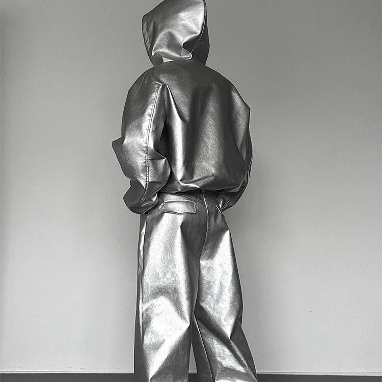 Y2k Silver Oversized PU Leather Jacket