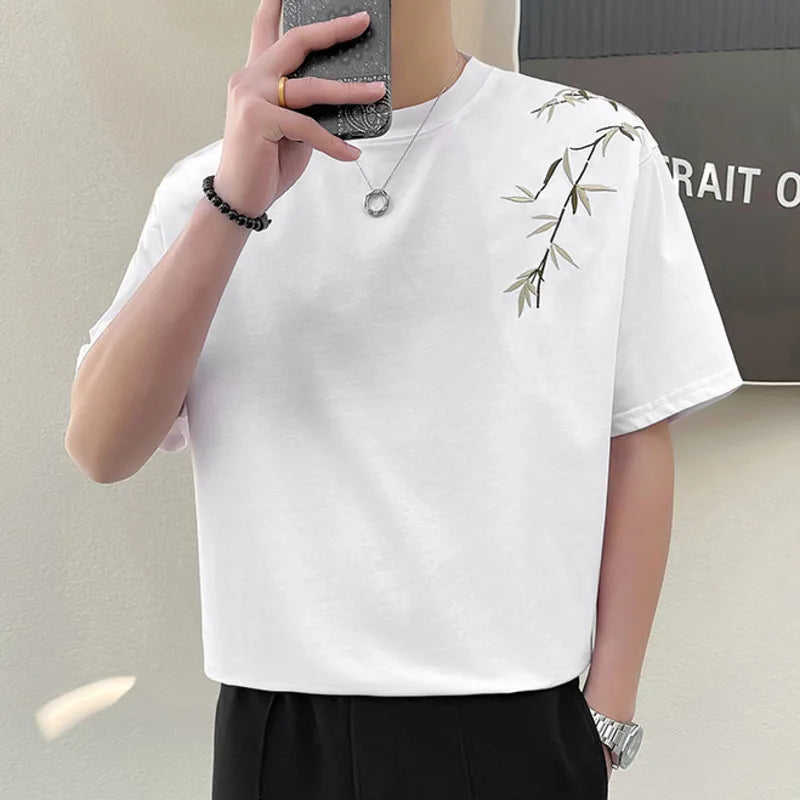 Shoulder Leaves Printed Short Sleeve T-Shirt