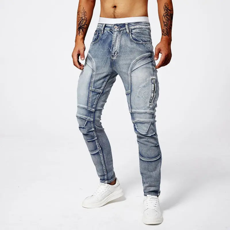 Two-Tone Zipper Slim-Fit Jeans