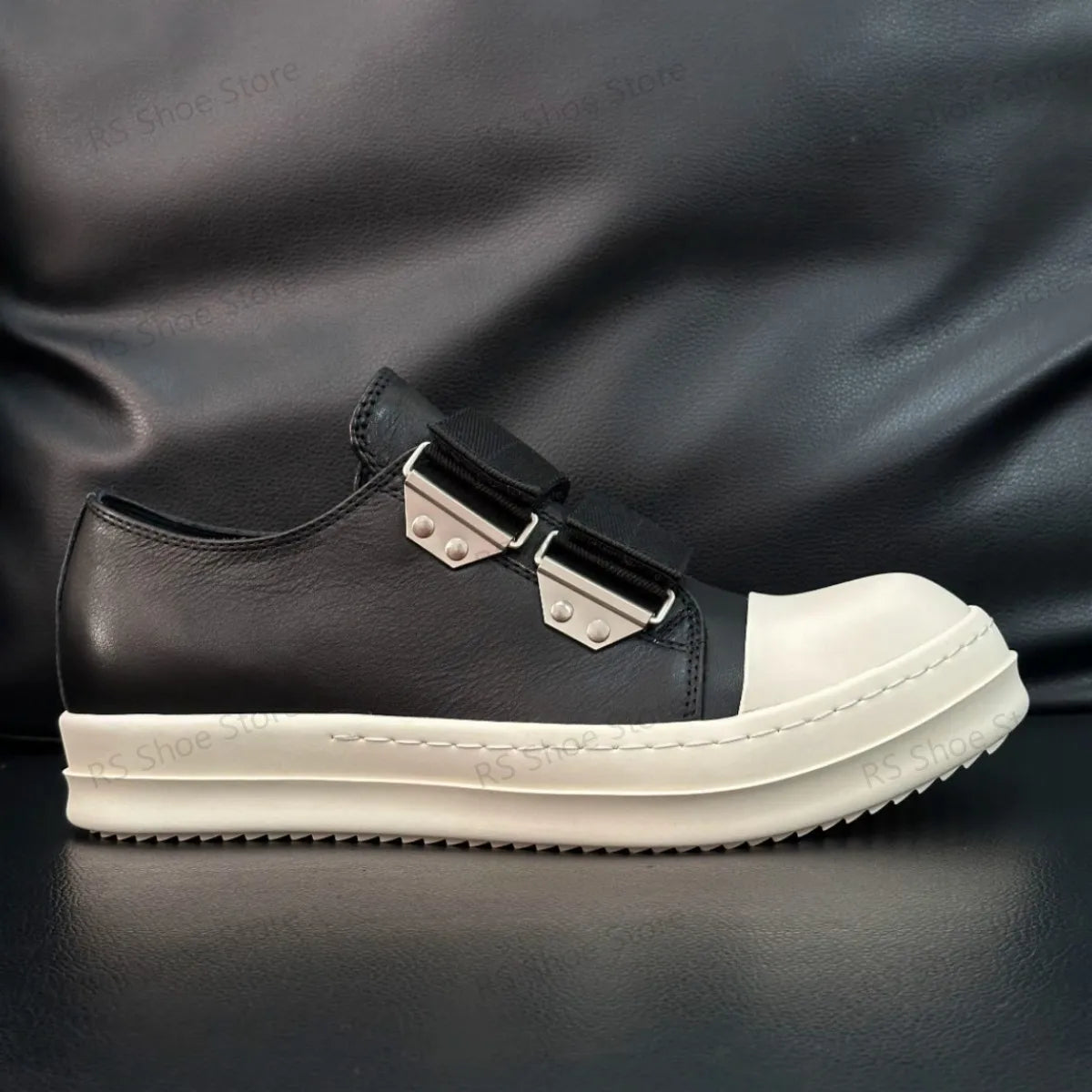 Low Top Black Leather Velcro Sneakers