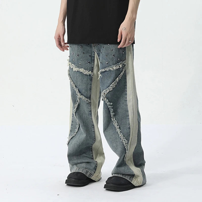 Rivet Patchwork Fringe Loose Jeans