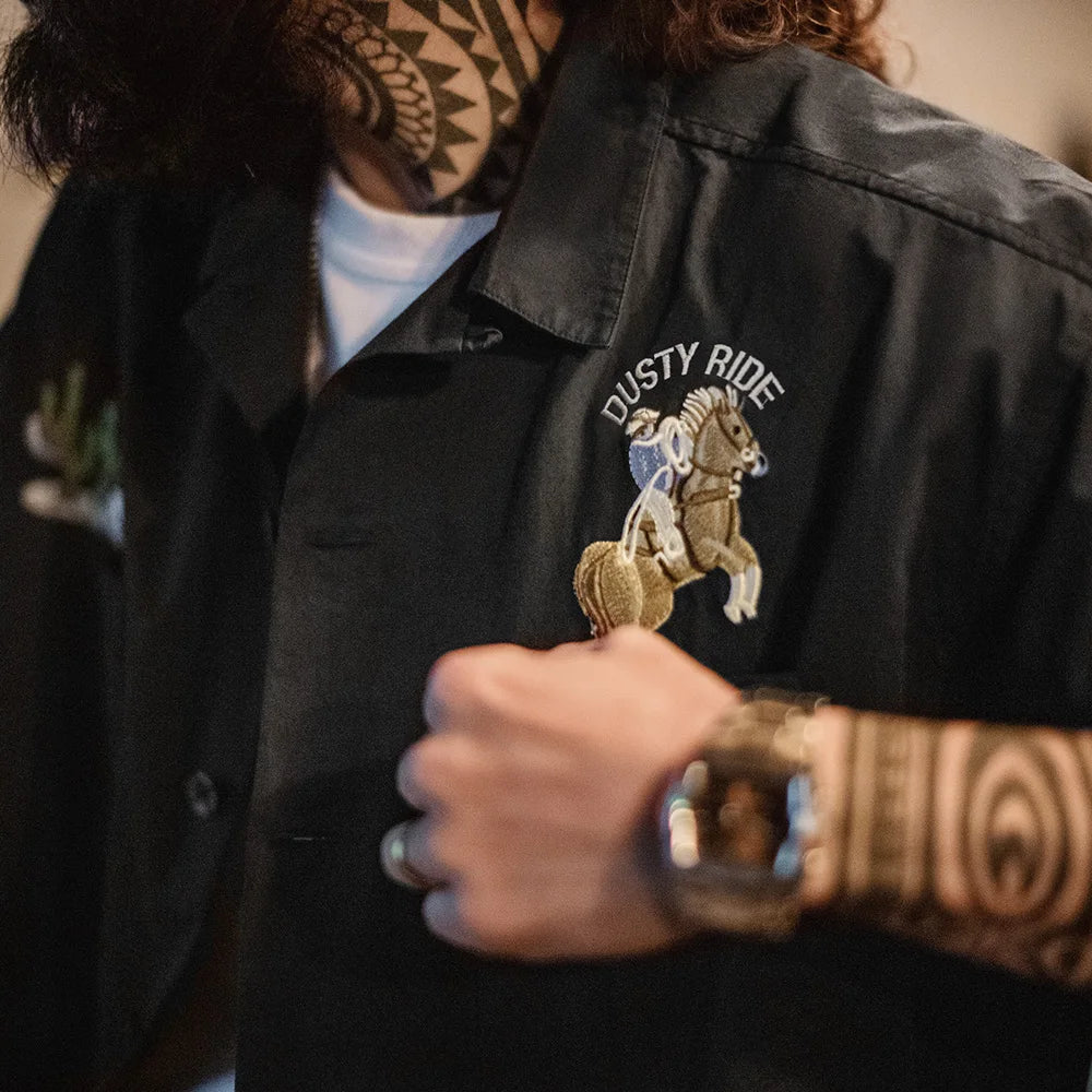 Single-Breasted Embroidered Black Cotton Shirt