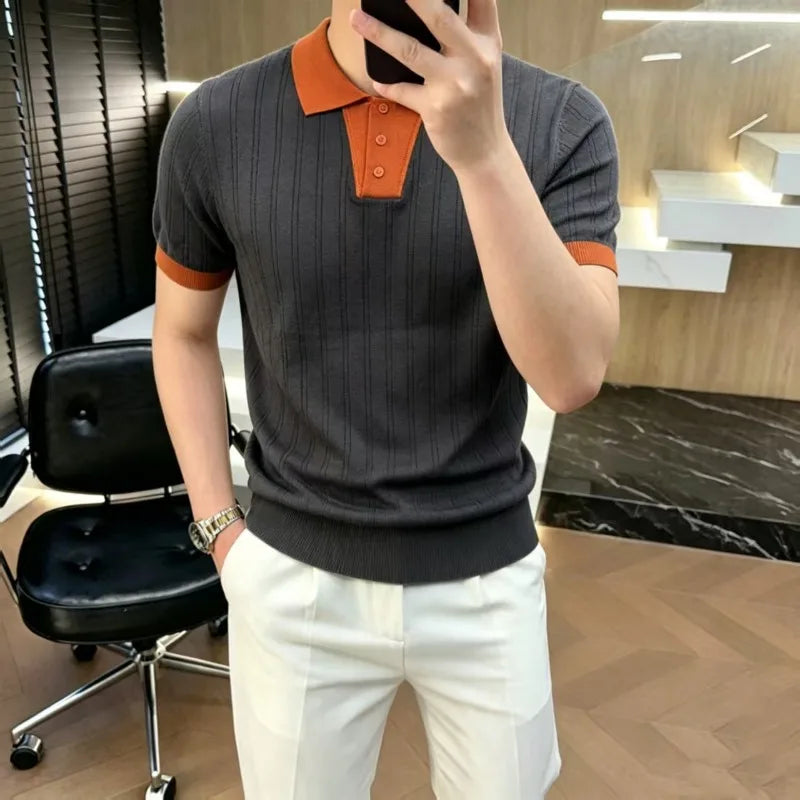 Casual Elegant Splicing Knitted Polo Shirt