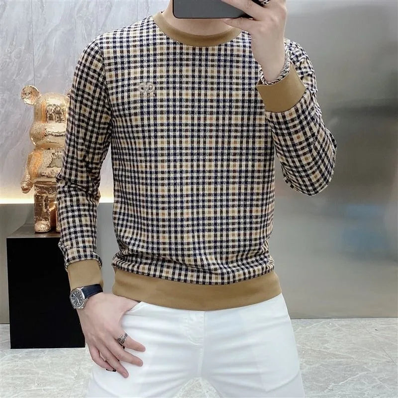 Slim-Fit Plaid Round Neck Casual Sweater