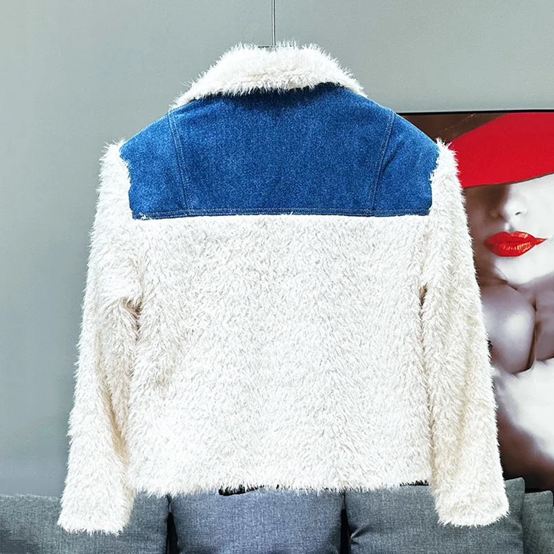 Mink Fur Washed Denim Patchwork Jacket