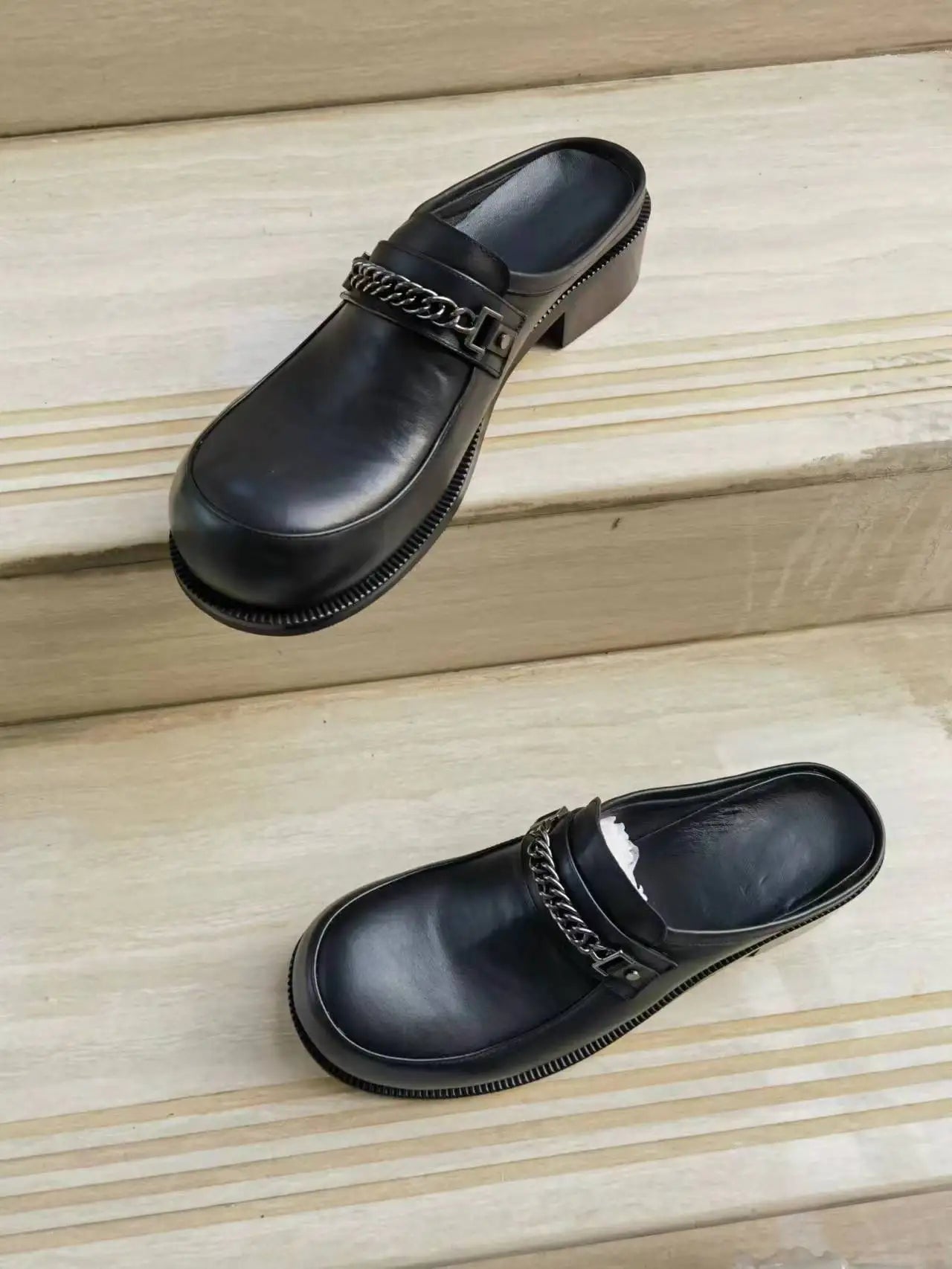 Chunky Metal Button Chain Mules Shoes