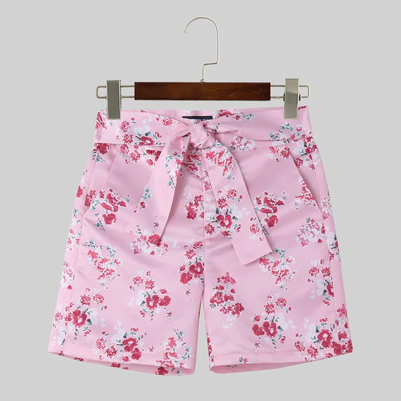 Pink Color Floral Printing Lace Up Shorts