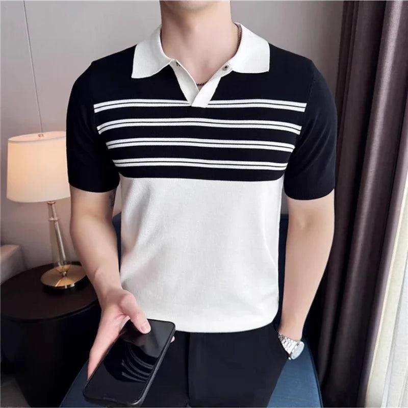Spliced Knitted Striped Casual Polo Shirt