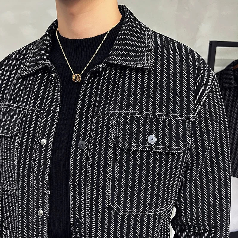 Black Geometric Striped Men's Jacket