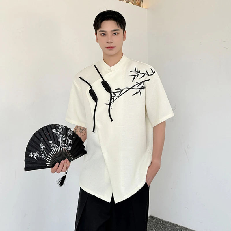 Embroidery Stand Collar Short Sleeve Shirt