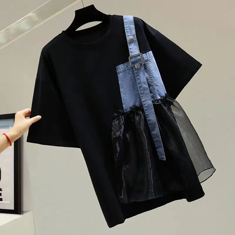 Solid Oversize Denim Tulle Patchwork T-Shirt