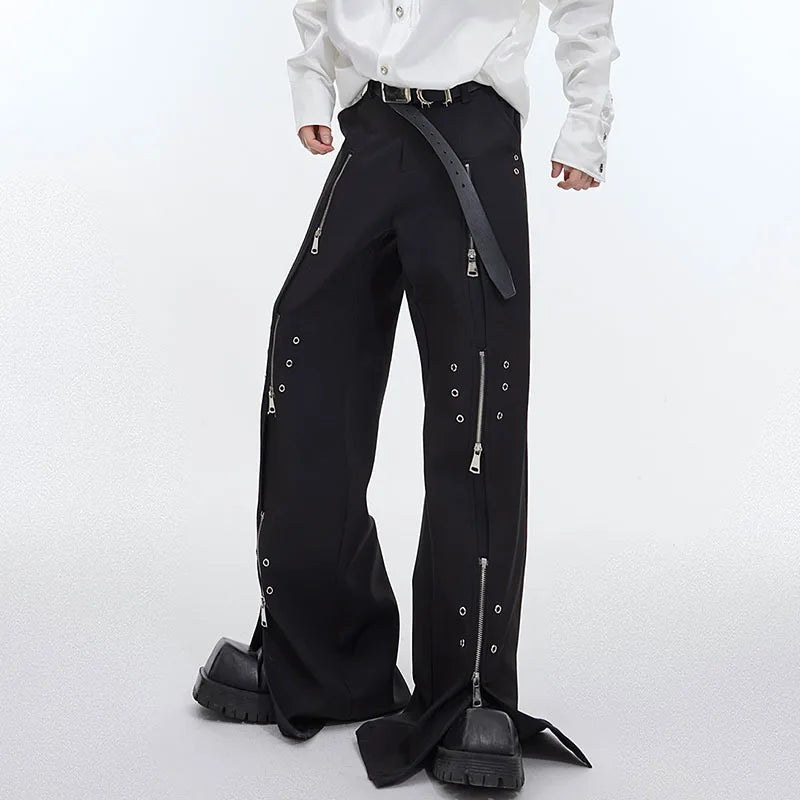 Multi-Zipper Metal Decoration Solid Pants