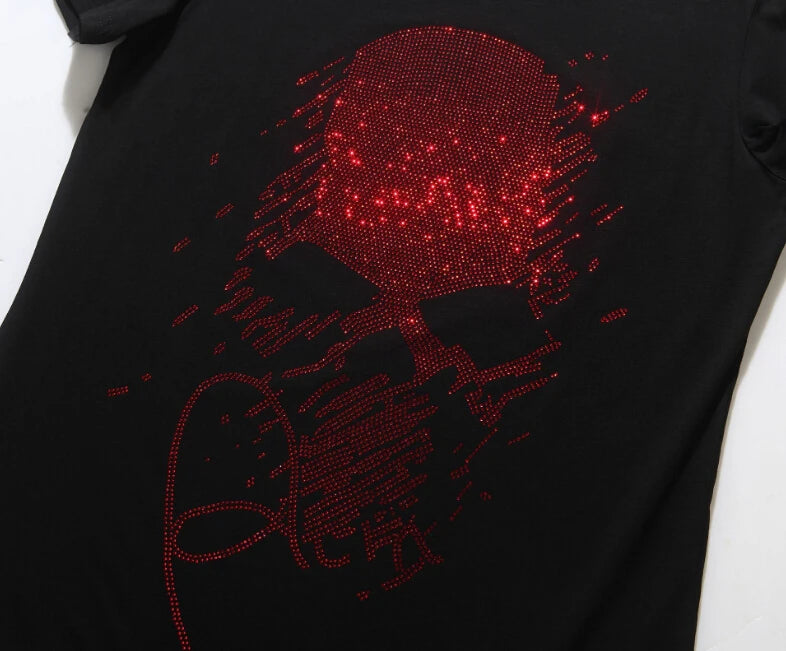 Red Rhinestones Cotton Skull T-Shirt