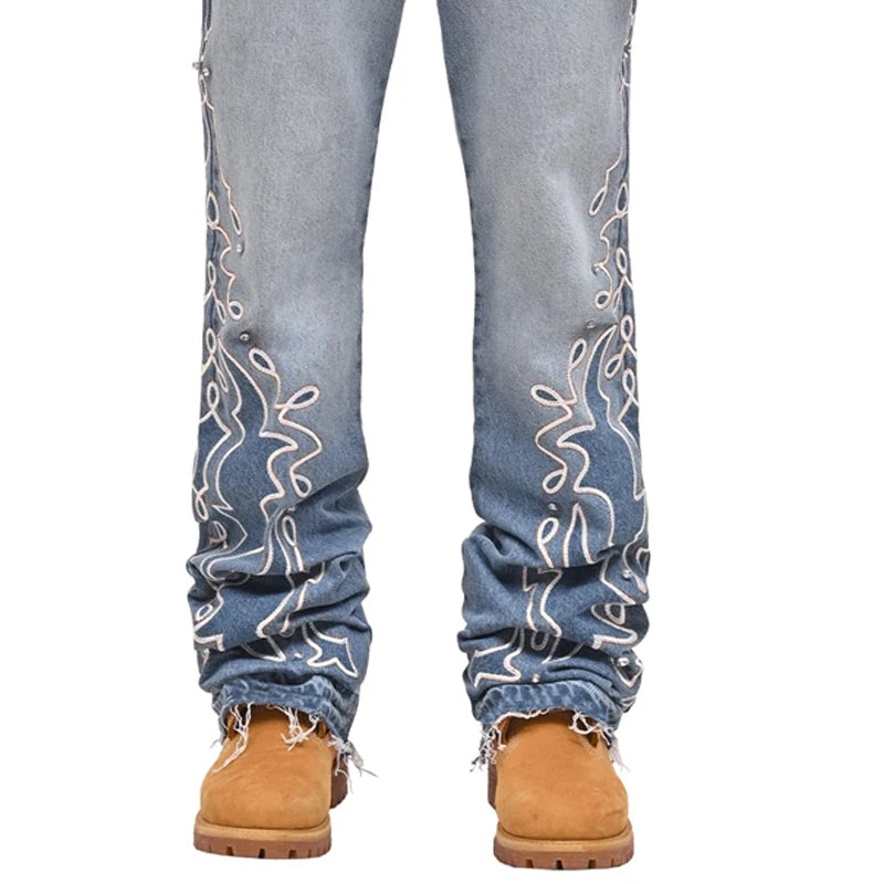 Embroidered Flame Bottom Men's Jeans