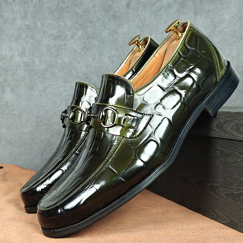 Green Croc Leather Pattern Horsebit Loafers