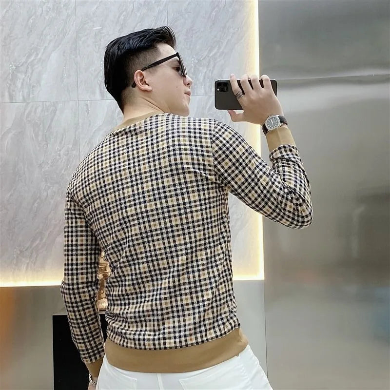 Slim-Fit Plaid Round Neck Casual Sweater