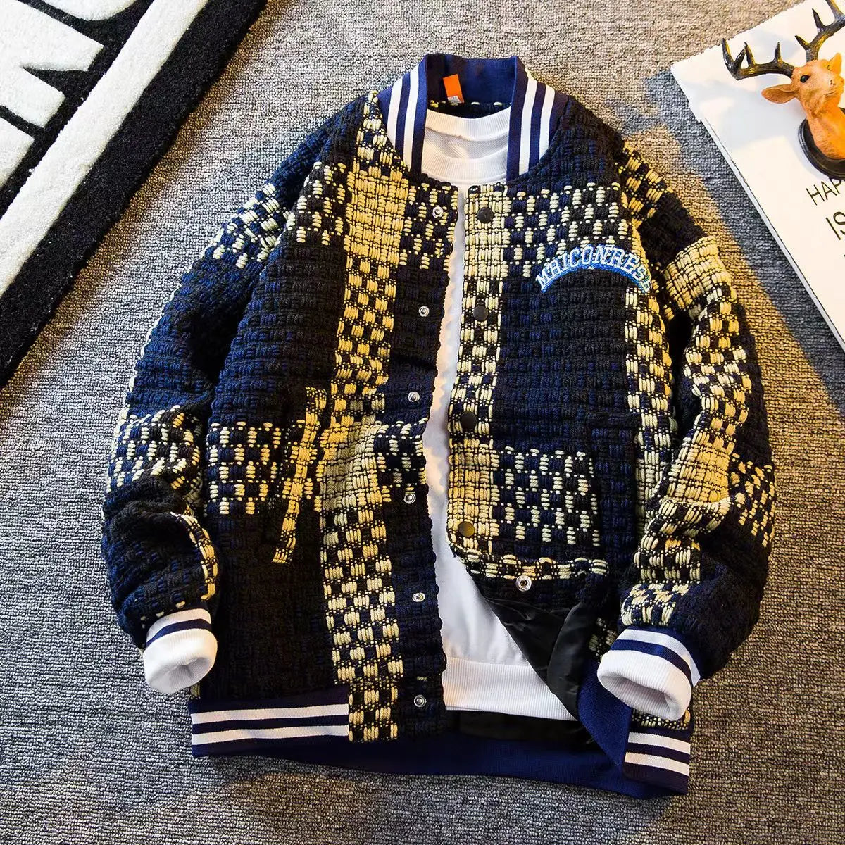 Colorblock Woven Knit Round Collar Jacket