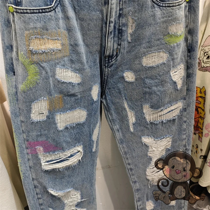 Fluorescent Green Letter Embroidery Jeans