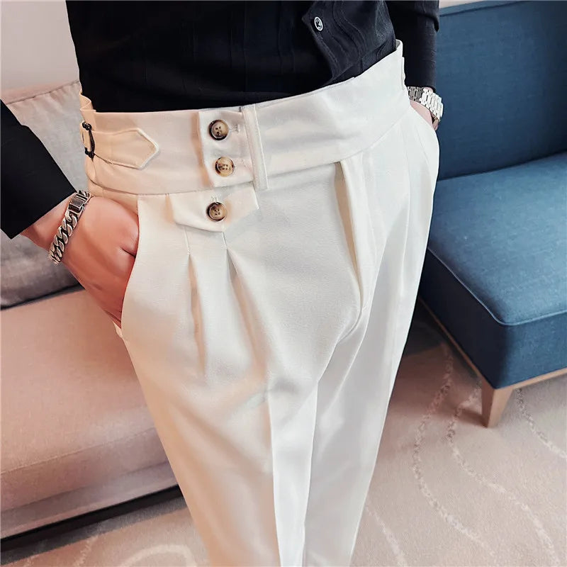 Solid Casual High Waist Button Trousers